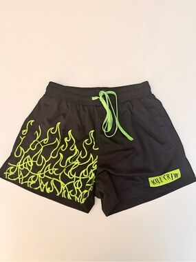KILL CREW — MUAY THAI FLAME SHORTS (MID THIGH CUT) - BLACK / NEON GREEN, LARGE